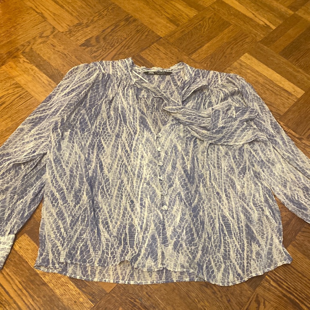Navy and white long sleeve blouse